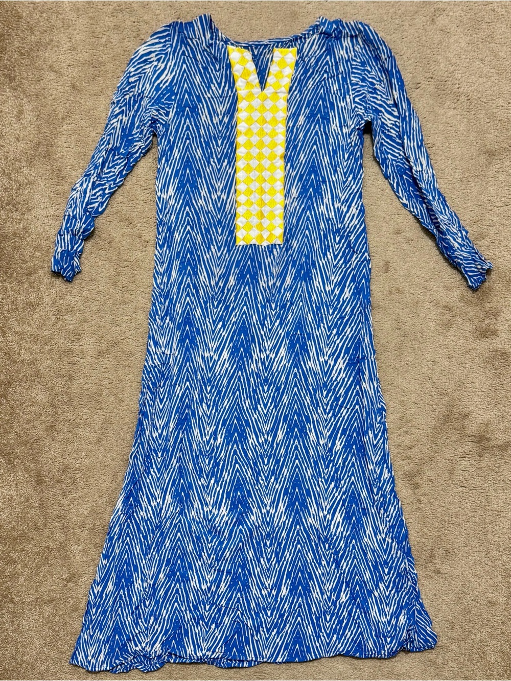 Blue Printed Maxi Dress with Long Sleeves Yellow Neckline Appliqué